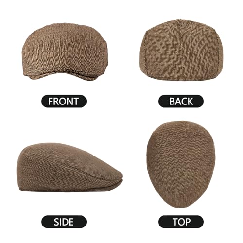 meioro Herringbone Flat Ivy Newsboy Cap for Men Classic Tweed Newsboy Hat Wool Blend Flat Cap Gatsby Cabbie Hats Ivy Caps - color: Coffee