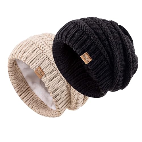 REDESS Slouchy Beanie Hat for Men and Women Winter Warm Knit Hat Chunky Soft Oversized Cable Cap - color: Black+oat
