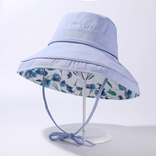 HUAMULAN Women Wide Brim Reversible Sun Hat Summer Beach Fishing Bucket - color: Lightblue Floral