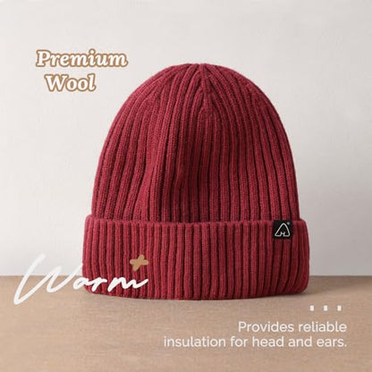 Hat Hut Wool Beanie Satin Lined Winter Hats Slouchy Beanie with Silk Lining Warm Wool Knit Ski Hat Cuffed Cap Women Men - color: Dark Red