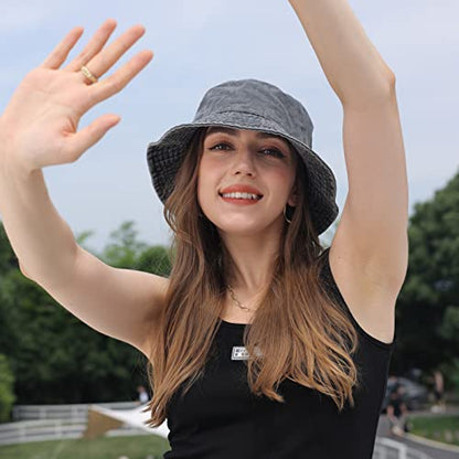 Washed Cotton Bucket Hats Packable Summer Beach Cap for Men Women - color: Ce-bh-black-gray-khaki