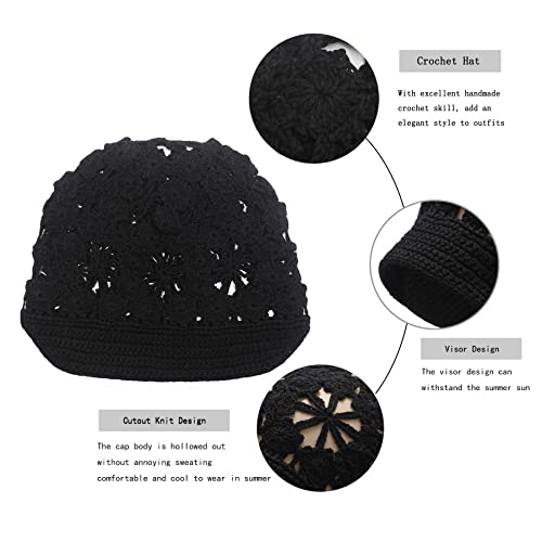 ZLYC Women Summer Slouchy Crochet Hat Handmade Cutout Skull Cap with Visor - color: Plain Black, size: One Size