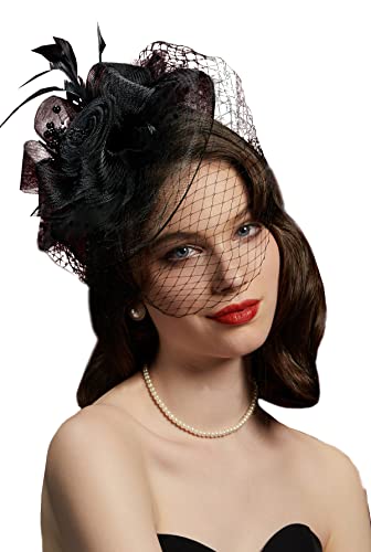 Kentucky Derby Fascinators for Women High Tea Party Hat Wedding Cocktail Flower Headware with Mesh and Feathers - color: A-black
