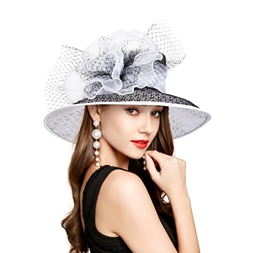 2026 Derby Hats for Women Ladies, Classy Organza Sun Hat, Church Tea Party Wedding Kentucky Fascinator Hat - color: B4215-white