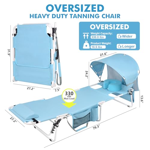 Oversized Extra Wide Tanning Chair with Sun Canopy Face Hole Padded Adjustable Washable, Heavy Duty Layout Folding Lounge Chair for Outside Beach Reading Sunbathing, UPF 50+, XL, Plus Size, 330 LBS - color: Blue, size: Oversized