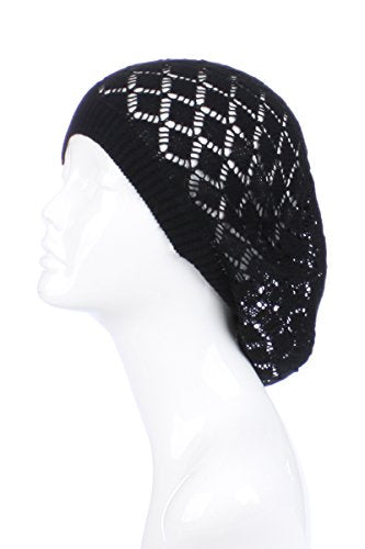 an Womens Lightweight Cut Out Knit Beanie Beret Cap Crochet Hat - Many Styles - color: Black Diamond