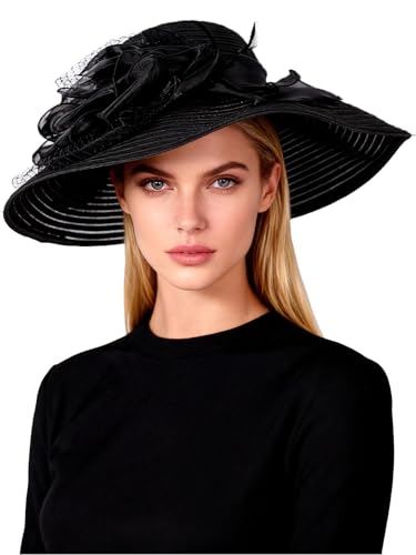 Vintage Fascinators Pillbox Hat for Women Straw Fedora Wide Brim Ladies Church Sinamay Derby Hats - color: Black 2