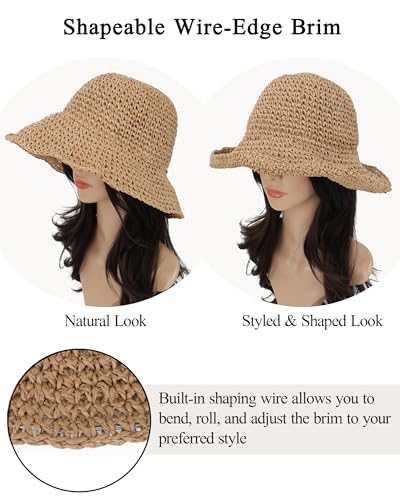 Womens Crochet Straw Sun Hat Foldable Floppy Wide Brim Beach Hat for Summer - color: Khaki