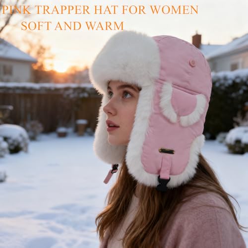 Trapper Hat for Men Women Faux Fur Aviator Russian Ushanka Hat Winter Hunting Hats with Ear Flaps Fur Tropper Bomber Ski Hats - color: Pink, size: Small-Medium