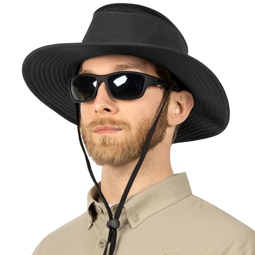 SUN CUBE Wide Brim Sun Hat for Men Women UPF 50+ UV Protection Safari Boonie Hat with Chin Strap, Pocket, Fishing Hiking Hat - color: Black