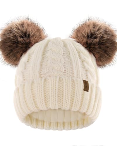 FURTALK Toddler Winter Hat Knit Beanie Double Faux Fur Pompoms Girls Boys - color: Beige, size: 2-6 Years