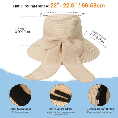 DRESHOW Sun Hats for Women Summer Wide Brim Beach Straw Hat Bowknot Bucket Hats Foldable Floppy Beach Sun Hat UPF 50+ - color: 1 Pack Bowknot Ribbon Hat: Beige