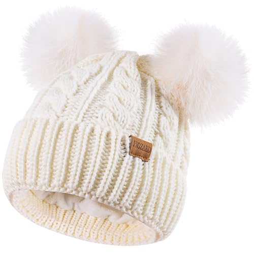 Women's Winter Hat Soft Knit Beanie with Faux Fur Pom Hat with Warm Fleece Lining Skull Cap for Women - color: White