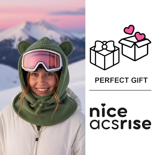 Fleece Balaclava Over Helmet - Warm Helmet Ninja Hood - Snowboard Hooded Hat Neck Gaiter Ski Mask - color: Pinegreen-earsup, size: One Size