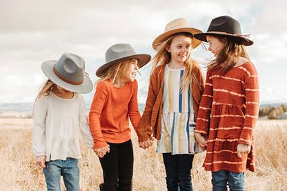 Kids Flat Brim Hat, Girls Wide Brim Felt Fedora Cap, Boho Western Cowgirl hat Fringe Hatband, Boys Panama hat Wool Style - color: Black
