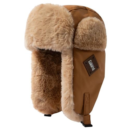 Croogo Faux Fur Trapper Hats with Ear Flaps Aviator Hat for Cold Weather Outdoor Ski Cap Black Ushanka Hat for Men Women - color: Pl2406-camel