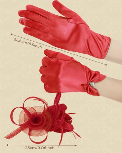 2Pcs 50s Fascinators Hats for Women Wedding Cocktail Flower Mesh Ribbons Feathers Church Tea Party Hats and Lace Glove - color: Red