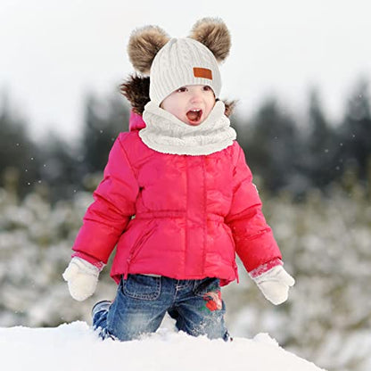 Kids Winter Beanie Hat Scarf Gloves Set,Toddlers Knit Winter Warm Double Pompom Cap Scarf Gloves for Girls Boys 1-5 Years Old - color: White