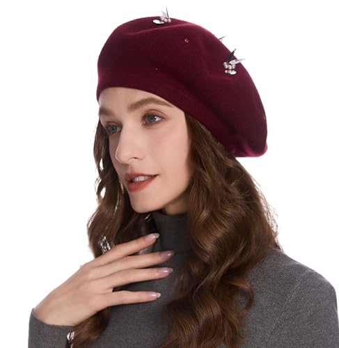 ZLYC Women French Beret Hat Reversible Knit Thickened Warm Artist Cap - color: Paillettes Bunny Burgundy