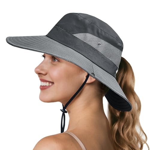 NPQQUAN Ponytail Sun Hats for Women UPF 50+ Wide Visor UV Protection Hat - color: Pure Grey(ponytail Hole)