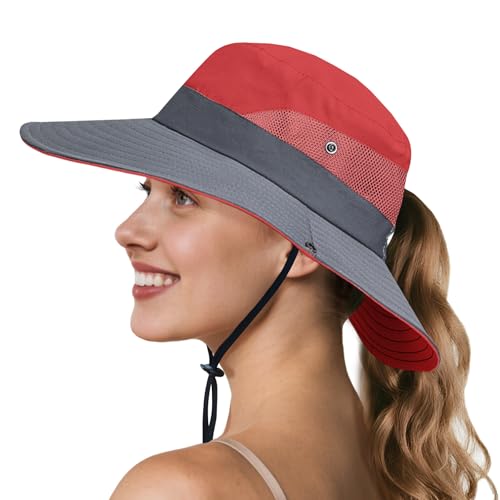NPQQUAN Ponytail Sun Hats for Women UPF 50+ Wide Visor UV Protection Hat - color: Watermelon/Grey (Ponytail Hole)