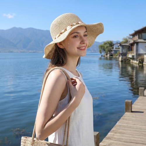 Womens Foldable Straw Sun Hat Summer Wide Brim Crochet Bucket Hats UPF 50+ Travel Beach Fedora Fisherman Cap Sombrero Hat - color: Beige
