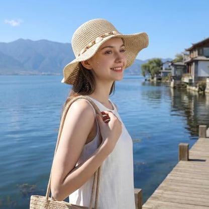 Womens Foldable Straw Sun Hat Summer Wide Brim Crochet Bucket Hats UPF 50+ Travel Beach Fedora Fisherman Cap Sombrero Hat - color: Beige