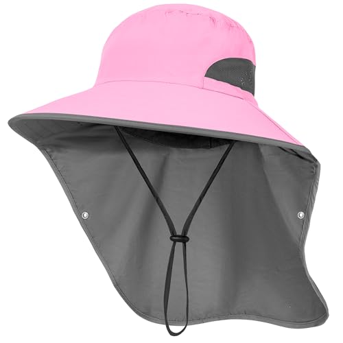 Outdoor Sun Hat Detachable Neck Face Flap UPF 50+UV Protection Visor Fishing Hats with Neck Flap for Men & Women - color: Pink