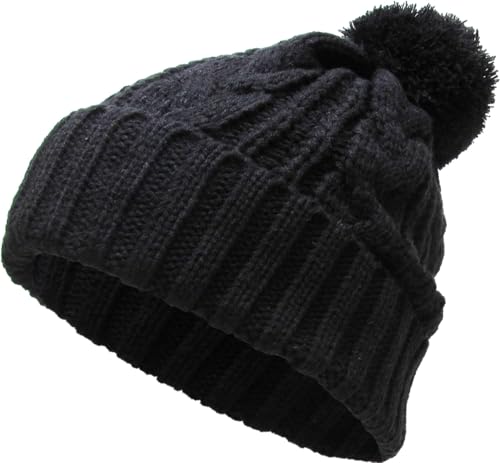 KBETHOS Women's Winter Warm Thick Oversize Knitted Beanie Hat with Pom Pom - color: Black Cable Knit Pom Beanie