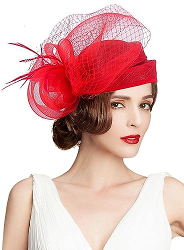 Z&X Sinamay Fascinator Hat Floral Feather Pillbox Derby Hats for Women Wedding Tea Party with Headband Clip - color: 001- Red