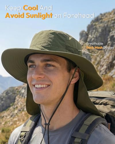 Sun Hats for Men Wide Brim Bucket Hat with Neck Flap for Fishing & Hiking Mens Sun Hat for UV Protection - color: Dark Green