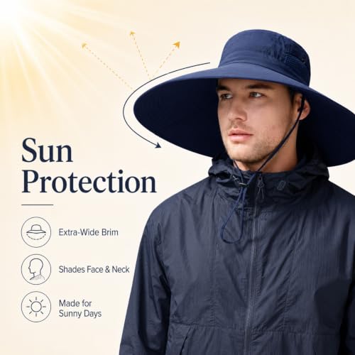 Wide Brim Sun Hat for Men Women UV Protection Bucket Fishing Hats - color: Navy Solid