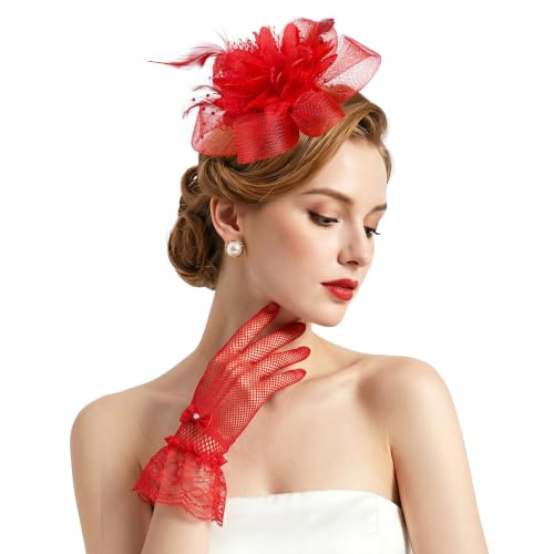 Fascinators Hats with Lace Gloves for Women Headband for Tea Party Wedding - color: Red