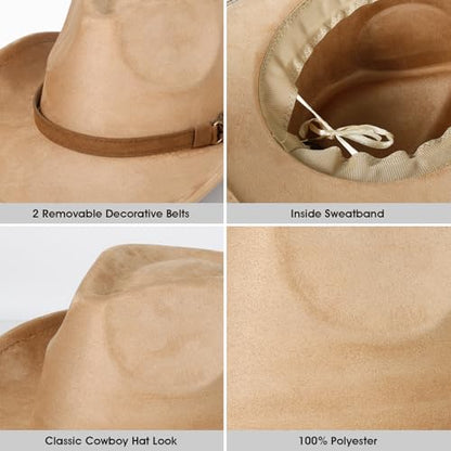2 Pack Western Cowboy Hats for Women Men 2 Different hat Bands - color: Camel