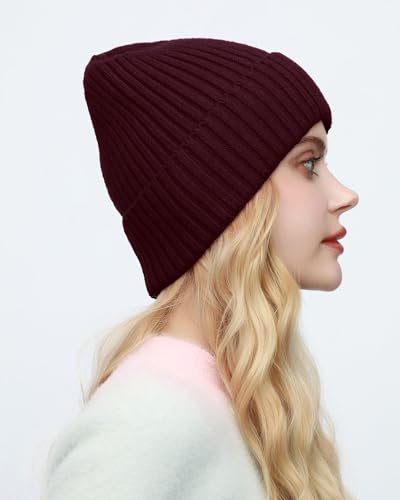 ROYBENS Womens Satin Lined Beanie for Men Wool Knit Cuffed Warm Winter Hats - color: 1pcs-wine Red