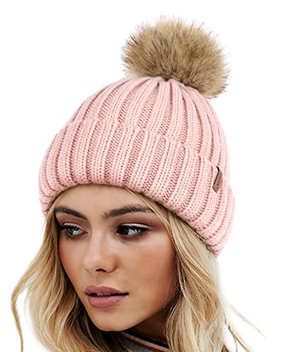 FURTALK Womens Winter Knitted Beanie Hat with Faux Fur Pom Warm Knit Skull Cap Beanie for Women - color: Pink