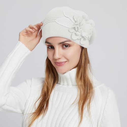 Flower Women Beret, Double Layer Thickened Winter Knitted Beanie Beret Hat, Stylish French Dress Beret Hats for Women - color: White