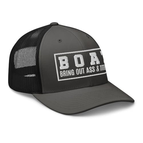 NG Boat Bring Out Ass and Titties Curved Bill Trucker Hat Mid Crown Adjustable Funny Adult Humor Cap - color: Charcoal/ Black