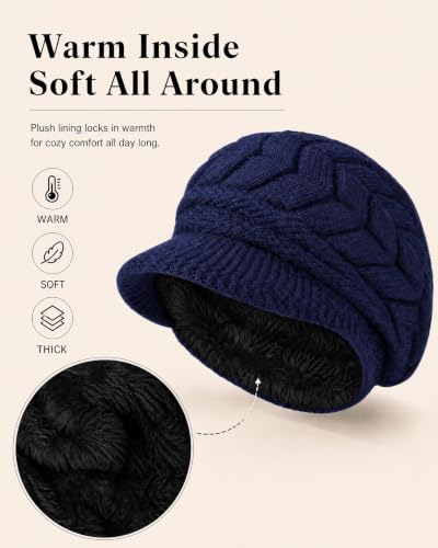 YSense 2 Pack Womens Winter Hats Warm Knit Beanie with Visor - color: Dark Blue Black
