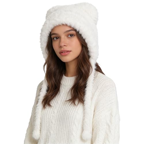 PENINSULA LOVE Winter Bear Ears Beanie Hat for Women Faux Fur Trapper Hat Sherpa Ear Flaps Peruvian Cap Fuzzy Warm Snow Cap - color: Beige