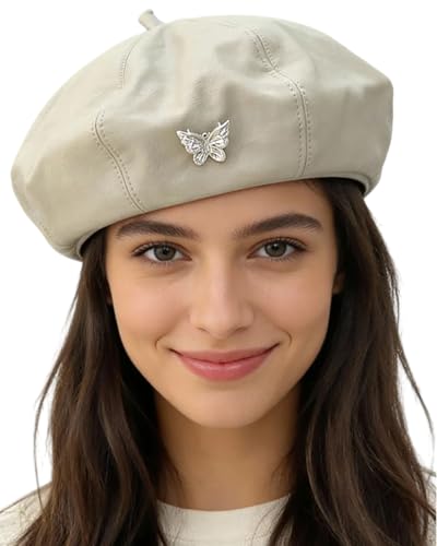 MINGSEECESS Women PU Leather French Black Beret Hat Causal Beanie Hat - color: Butterfly-white