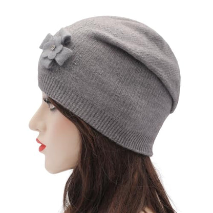 ZLYC Women Floral Slouchy Beanie Hat Double Layer Winter Knit Skull Cap - color: Floral Gray