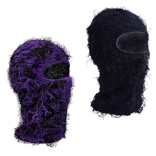TFTSR 2 Pack Distressed Balaclava Ski Masks for Men,Shiesty Sheisty Masks for Cold Weather,Women Winter Knitted Full Covering - color: Black, Black Purple Mixed Black