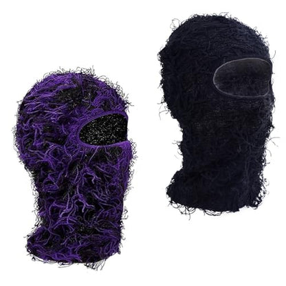 TFTSR 2 Pack Distressed Balaclava Ski Masks for Men,Shiesty Sheisty Masks for Cold Weather,Women Winter Knitted Full Covering - color: Black, Black Purple Mixed Black