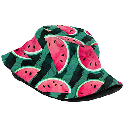 Bucket Hat Sun Beach Packable Fisherman Cap for Women Men Summer Outdoor Hiking - color: Watercolor Watermelon Green Red Fruit