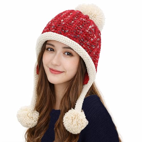 HUAMULAN Women Winter Sherpa Knit Beanie Hat Fleece Lined Ear Flaps - color: Red Beige