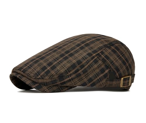 QHFHULV Newsboy Cap for Men Cotton Flat Gatsby Ivy Golf Cabbie Driving Hat - color: Plaid Black Brown
