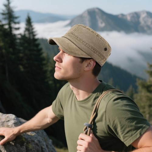 Military Cadet Army Cap for Men Women – Washed Cotton Vintage Adjustable Flat Top Hat - color: Khaki