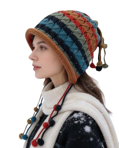 MINGSEECESS Women Girls Knitted Beanie Hat Crochet Braided Knit Warmer Cap Skiing Snowboarding Ear Flap Hats - color: Blue-red