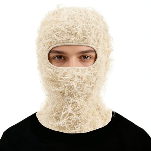 Distressed Ski Mask Balaclava, Yeat Shiesty Knitted Full-Face Mask - color: Beige